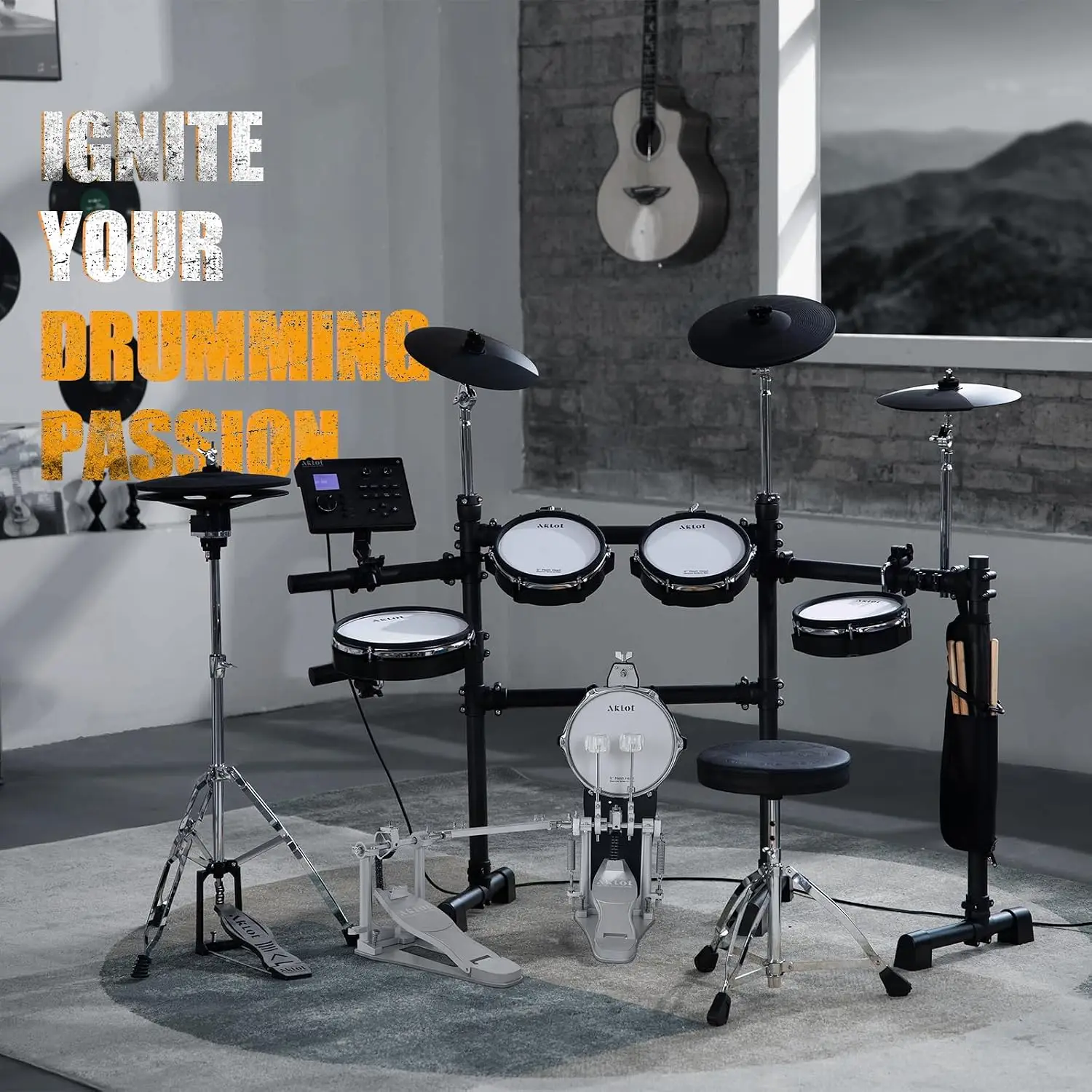Electric Drum Set, Expanded Size: 12'' Two-Piece Standalone Hi-Hat, Independent Kick Drum, 10'' Dual-Zone Snare, 12'' Triple-Zone Ride Cymbal, 460 Sounds, Mesh Bass Drum, Double Pedal, White