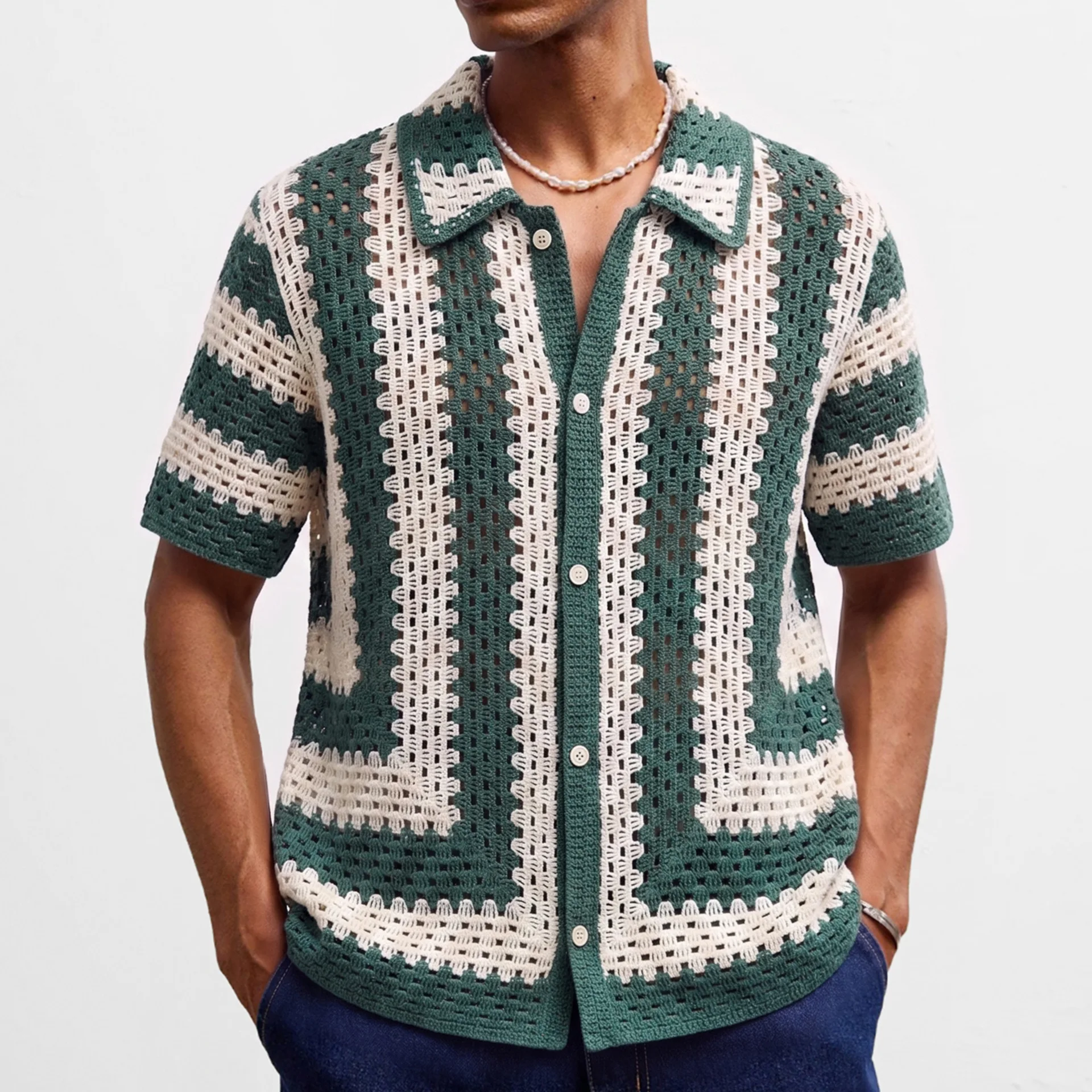 Men's contrasting hollow crochet cardigan POLO European and American summer casual short sleeved knitted sweater men's clothing