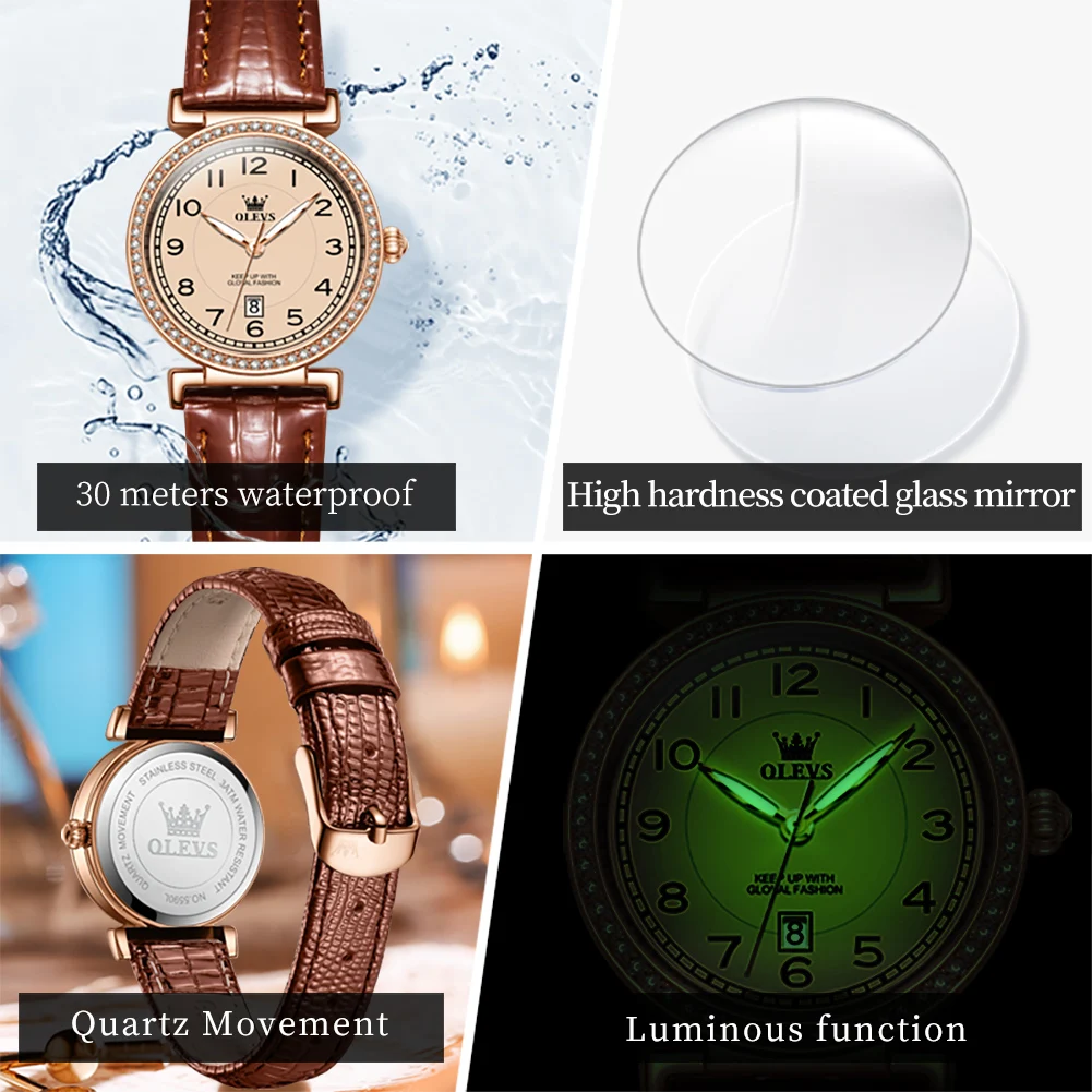 OLEVS Brand New Fashion Diamond Quartz Watch for Women Luxury Leather Strap Waterproof Luminous Hands Calendar Womens Watches