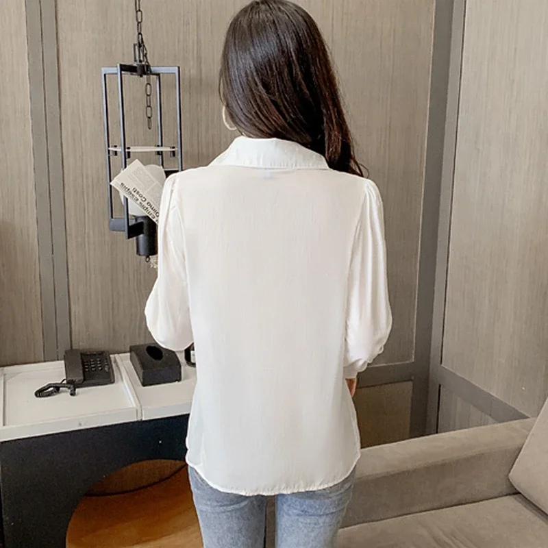 Elegant White Office Blouse Shirts Women Fashion Autumn Winter Beading Blusas Mujer Korean Clothing Slim Puff Sleeve Ladies Tops