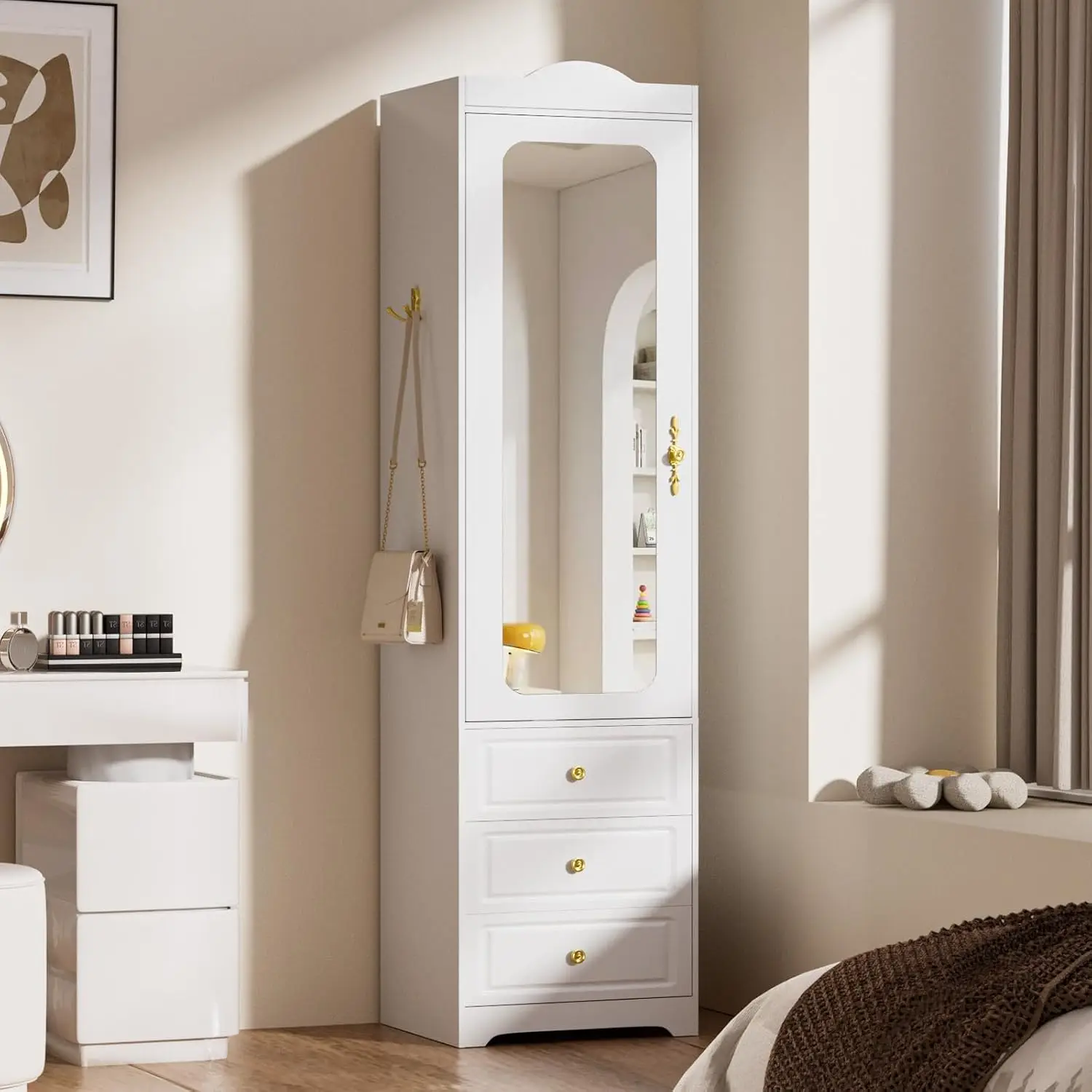 Armoire Wardrobe Closet, Updated White Bedroom Armoires Cabinet with Mirror Door and 3 Drawers, 15.7