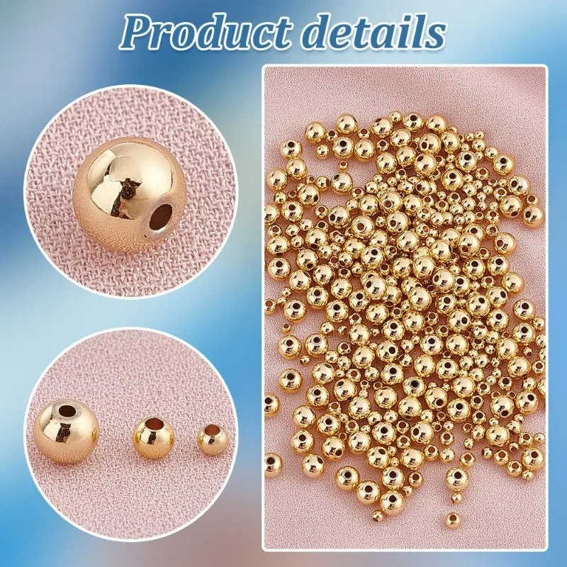 370pcs 18K Gold Filled Beads 3/4/6mm Round Beads Smooth Round Beads Seamless Ball Beads Brass Loose Beads Metal Beads