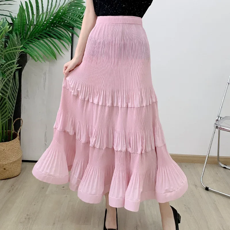 Pleats Pleated Elastic Waist Pressed Pleated Skirt Women's Tide 2024 Summer High-waisted A-line Medium-length Umbrella Skirt