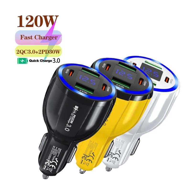 4Port 120W Car Super Fast Charger QC3.0 PD30W Digital Real-time Voltage With Color Atmosphere Lamp Car Cigarette Lighter Charger