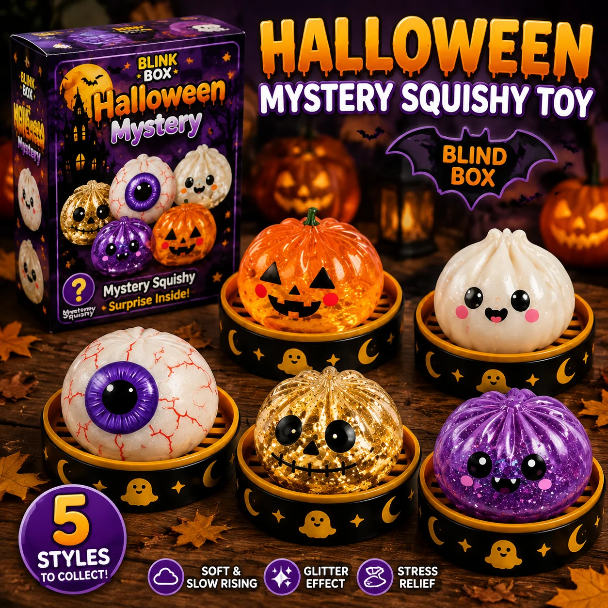 Cute Halloween Squishy Toy Pumpkin Ghost Eyeball Glitter Soft Squeeze Stress Relief Sensory Toy Gift Collection
