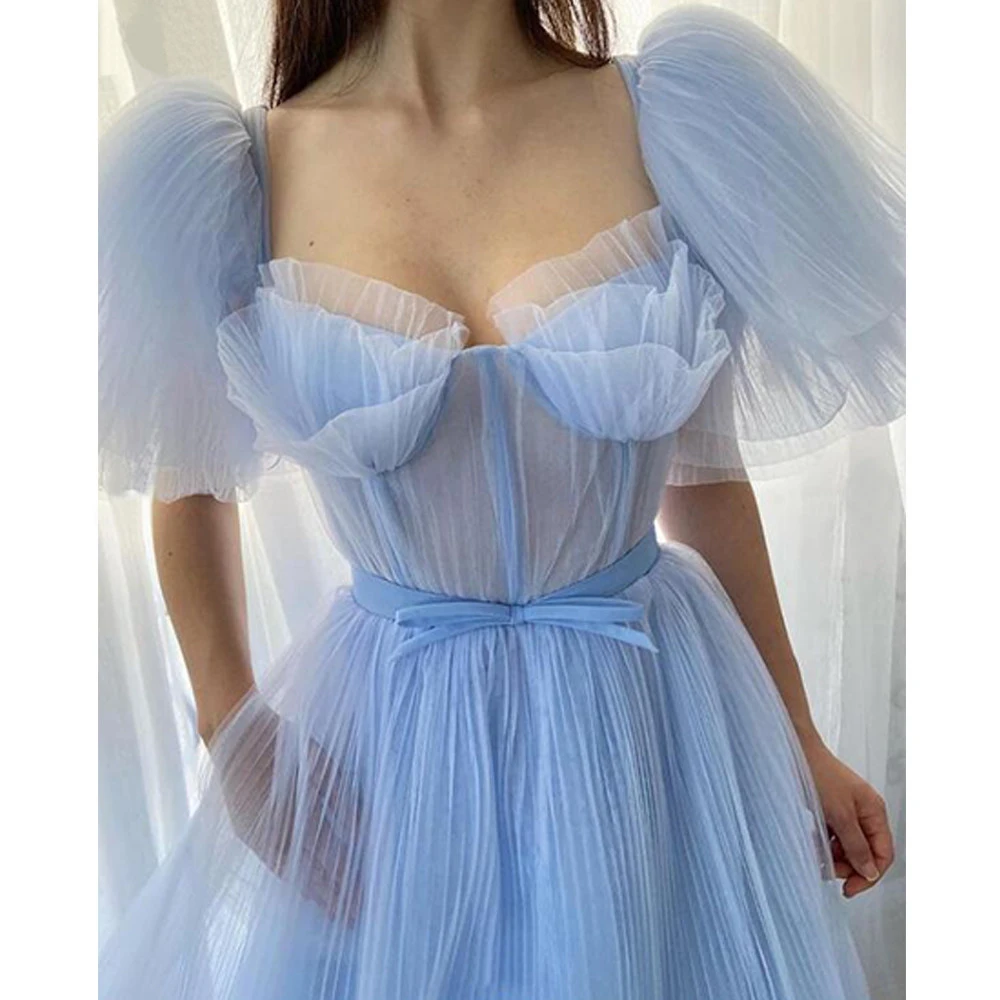 

Elegant Blue Pleated A-Series Evening Dress Puff Sleeve Long Prom Fairy Polar Dress Woman Party Night Gowns