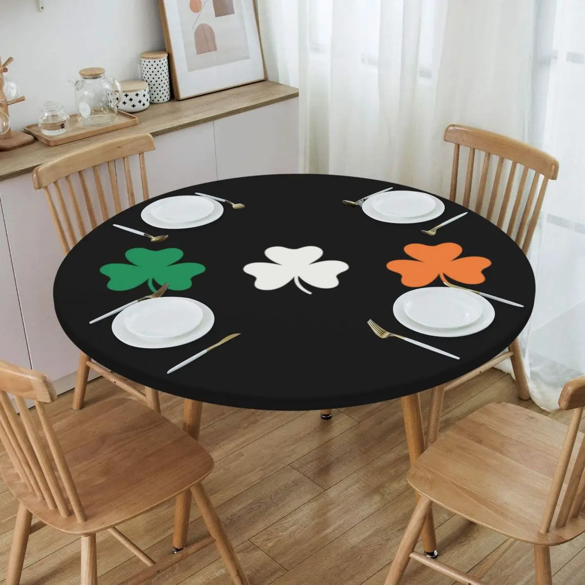 Round Waterproof Shamrock Ireland Flag Table Cover Fitted Irish St Patricks Day Table Cloth Backed Edge Tablecloth for Dining