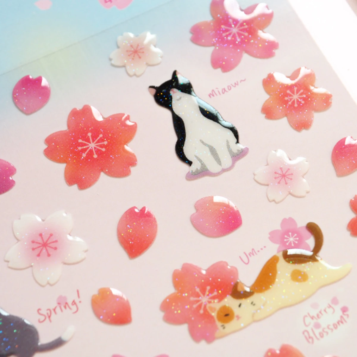 Korean Import Original BONITO Cute Cats Sakura Crystal Drop PVC Stickers Scrapbooking Diy Journal Diary Sticker Cute Decor Gift