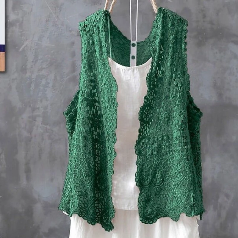 Women V-Neck Hollow Out Crochet Vest Female Sleeveless Jacket Cotton Lace Waistcoat Knitted Embroidery Cardigan Knit Vest Q311