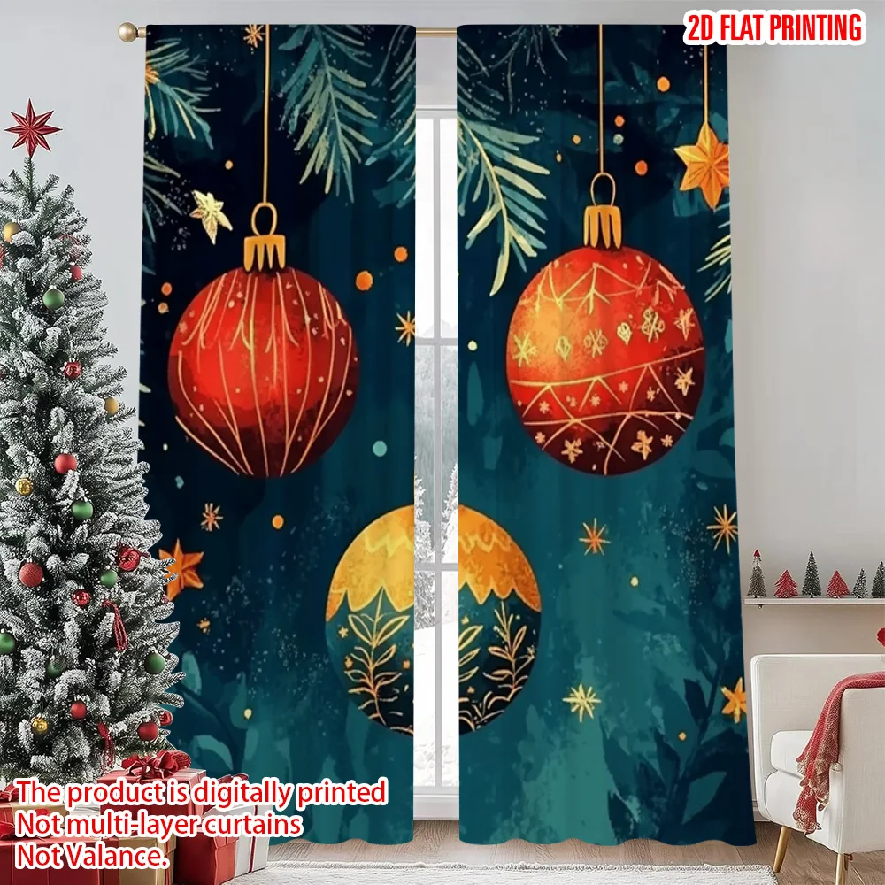 

2pcs 2D flat printing Merry Christmas Drapes Christmas red orange orbs with blue snowflakes and winter branches Versatile 100%