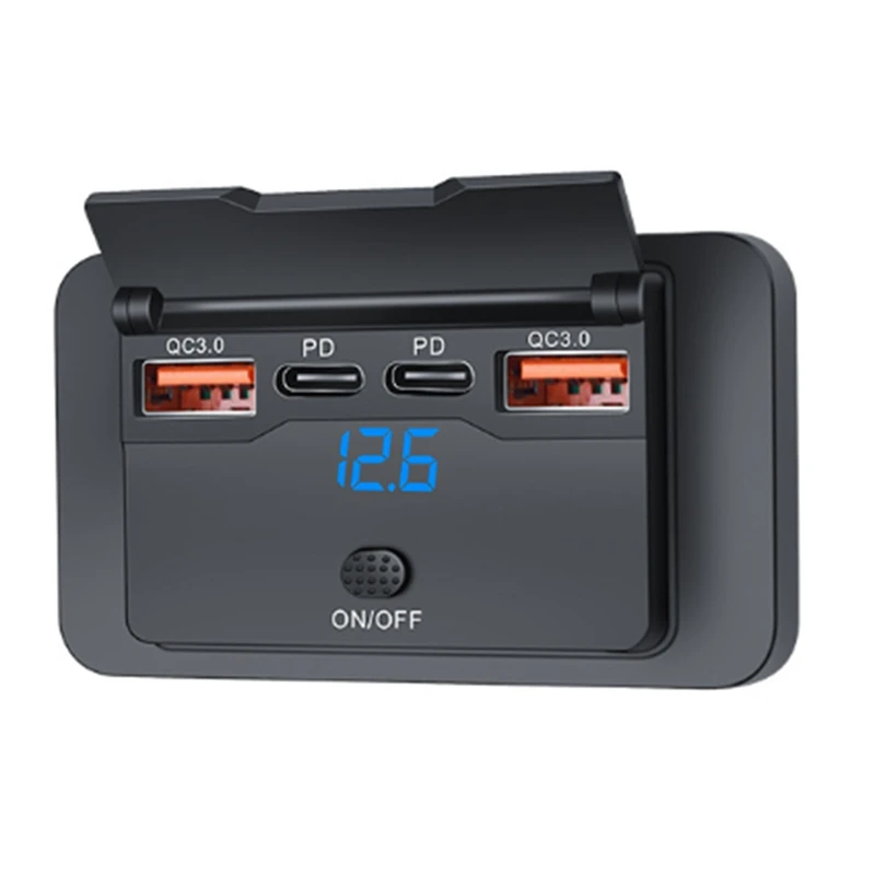 

4-Ports 12V 108W Dual PD+Dual QC3.0 USB Charger W/ Digital Voltmeter Switch Socket Power Outlet Panel Adapter