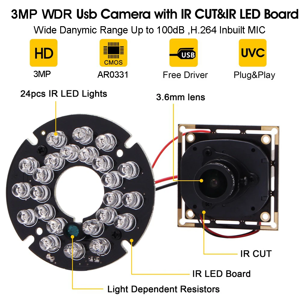 ELP Night Vision USB Camera Module with 24pcs IR Leds H.264 3MP USB Camera Mini Home Security Infrared HD Webcam Microphone Sec