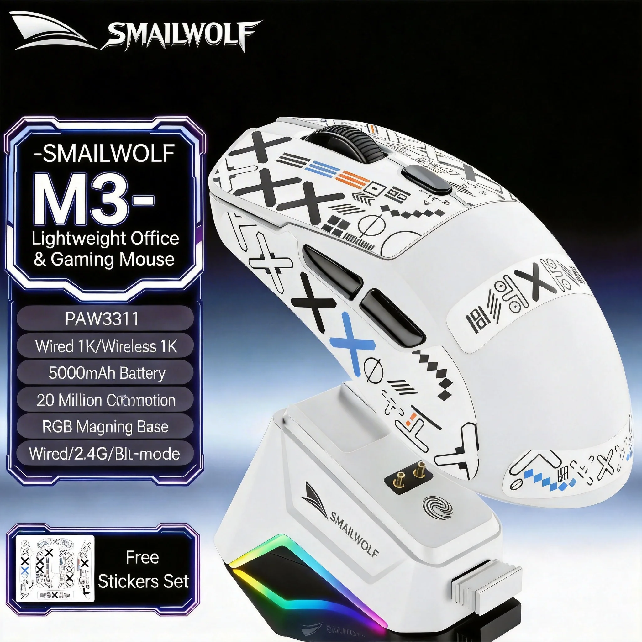 SMAILWOLF M3pro Bluetooth Wireless 2.4g Gaming Mouse Thin and Light PAW3311 Notebook Desktop Computer E-Sports