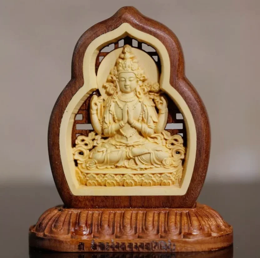 Buddhism Talisman Four Armed Guanyin Buddha Talisman Wood Carving Buddha Statue