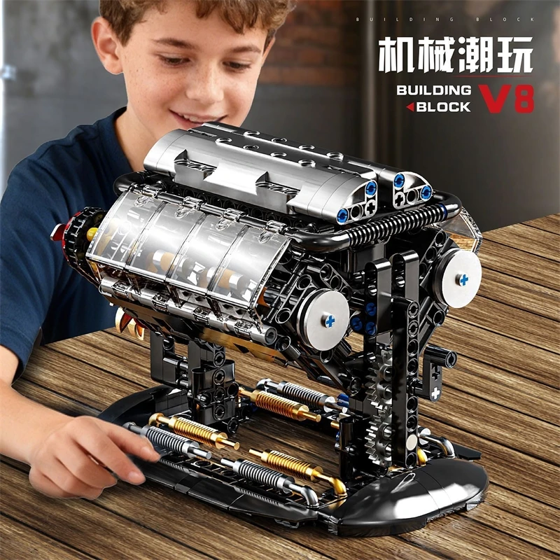 Mini V8 Engine Model Building Blocks Assembly Desktop Home Office Realistic Display For Boys Teens Birthday Christmas Gift