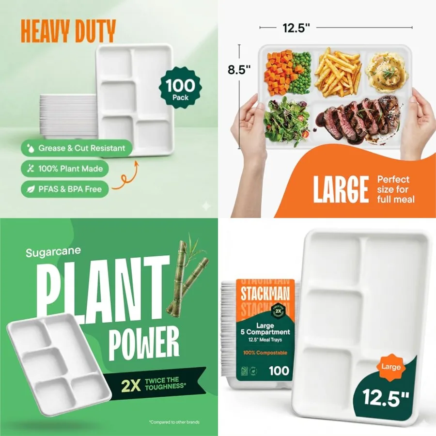 

100% Compostable, Large 5 Compartment, Disposable [100-Pack] - [12.5 Inch] Heavy Duty Biodegradable Bagasse Sectional s + Divid