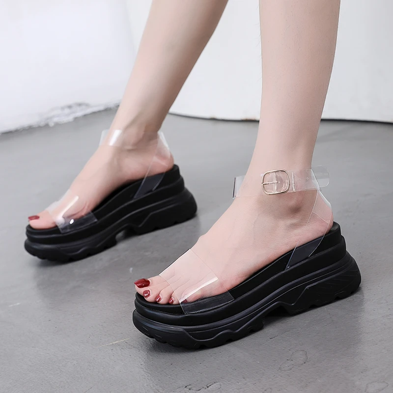 Open Toe Platform High Wedges Heeled Summer Women Sandals Transparent Buckle Punk White Black Leisure Casual Gladiator Shoes