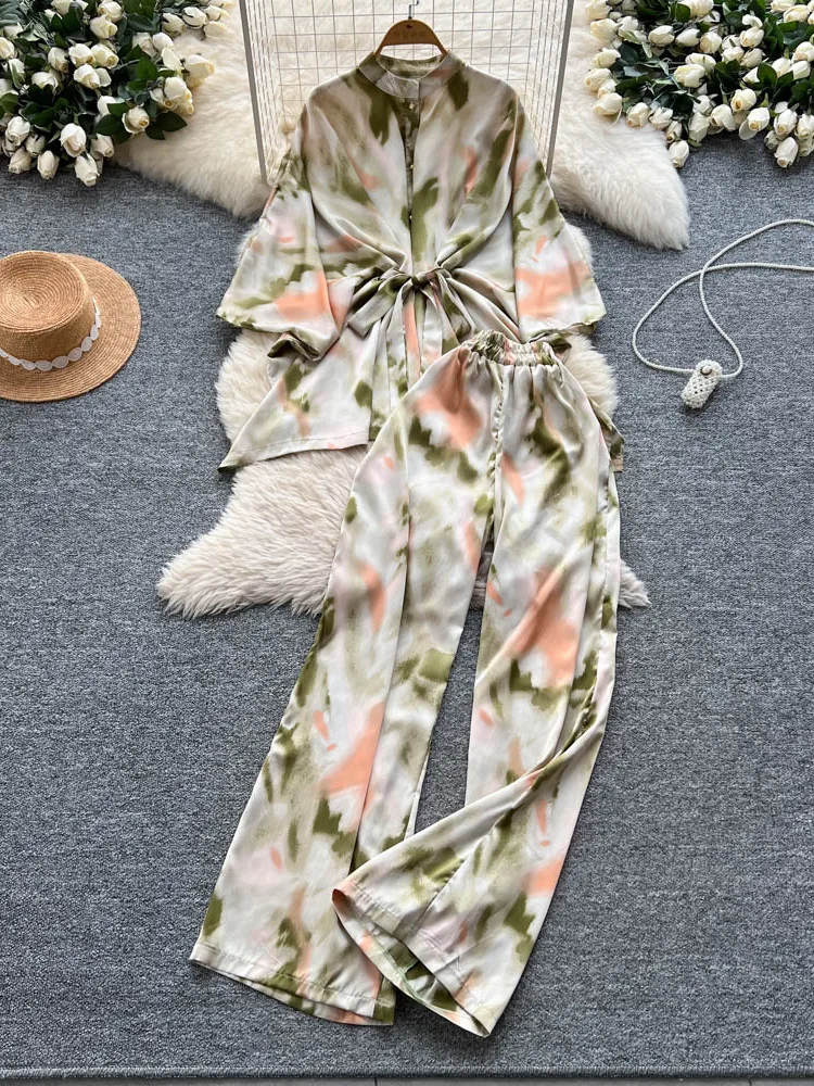 

Faionable Satin Set Women Loose Belted Batwing Sve Print irt High Waist Wide Leg Pants Ensemble Sli Ensemble