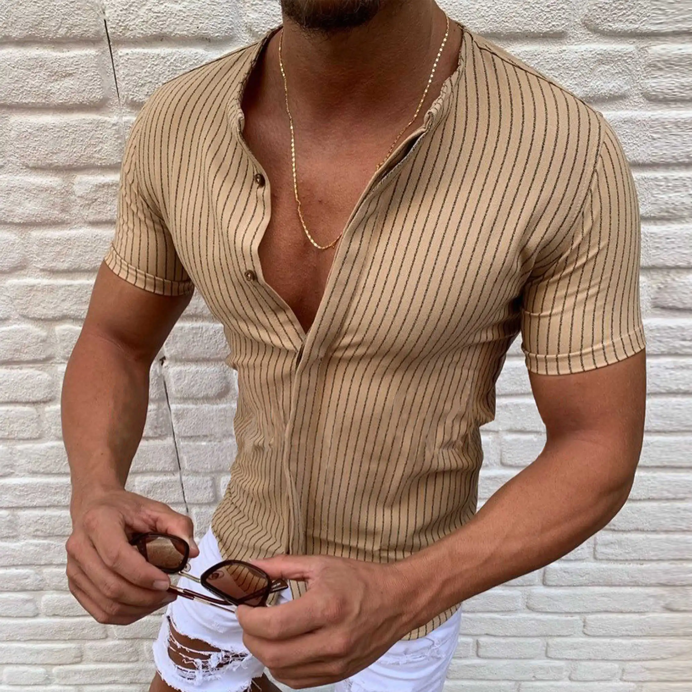 Camisa informal a rayas para hombre, camisa de manga corta con cuello levantado, ropa de calle Harajuku, MB1, verano, 2024