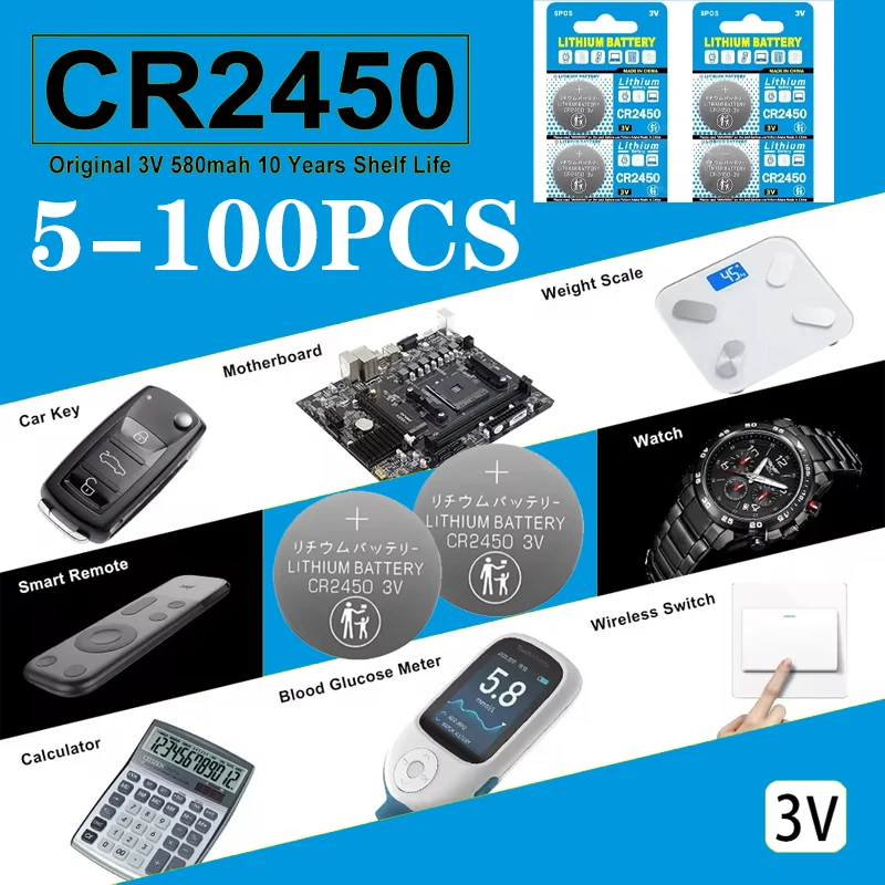 2-50pcs CR2450 BR2450 3V Lithium Coin Battery 580mAh Watch Battery 5029LC LM2450 DL2450 CR2450N KCR2450 Watch Button Batteries