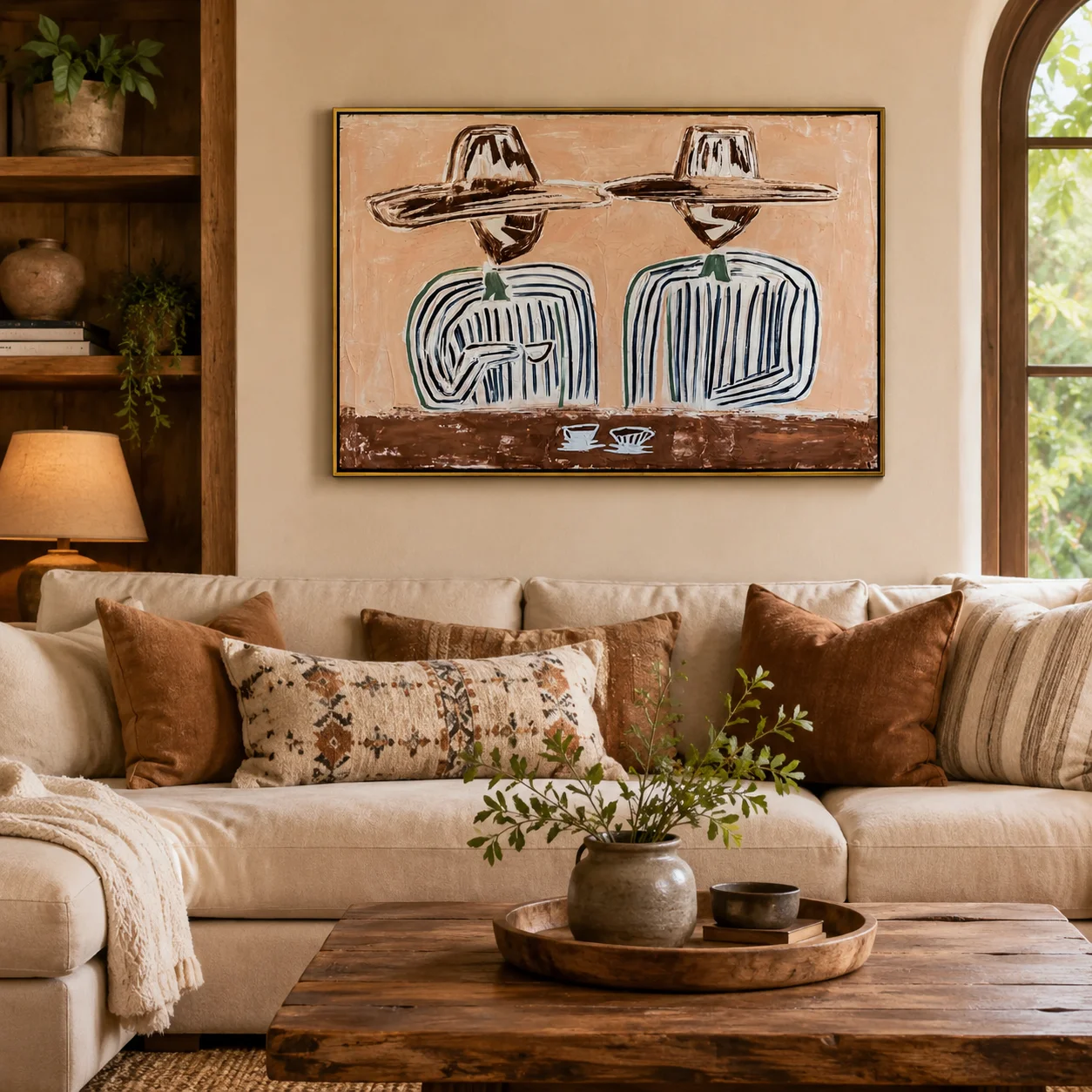 Morning Ritual – Two Figures from Behind with Coffee Painting Canvas Wall Printfor Bedroom, Living Room, Office & Interior Space