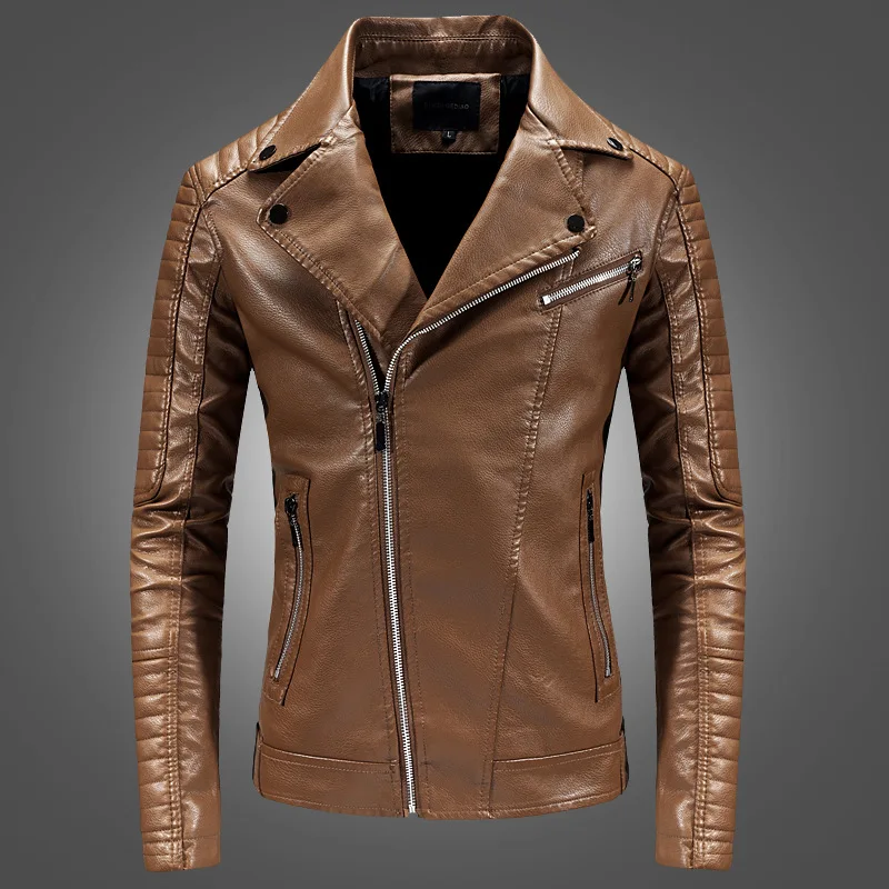 PU Jacket Men Motorcycle Biker Jackets Casual Fashion PU Coat Male Diagonal Zipper Turndown Collar Coat Outerwear