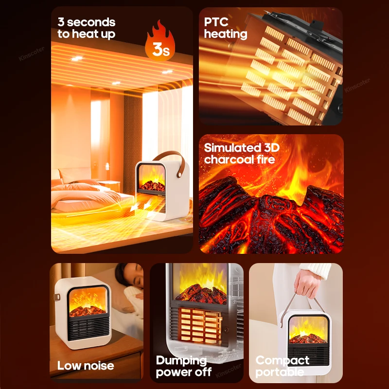 Simulated Fireplace Electric Heater 1000W Space Heater Portable PTC Fast Heating Ceramic Home Office Indoor Overheat Protection
