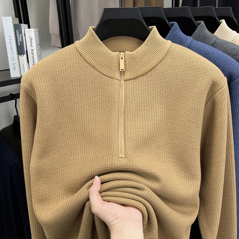 سترة رجالية عالية الجودة بنصف سحاب وياقة واقفة كاجوال فاخرة كلاسيكية بلون شتوي بلوفر متماسك سميك ودافئ #4