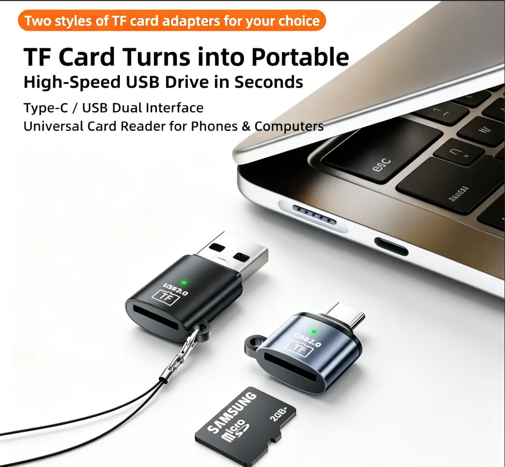 OTG High Speed Card Reader, Type-C/USB 2-in-1 TF Adapter, Mini for Phone/Tablet/PC