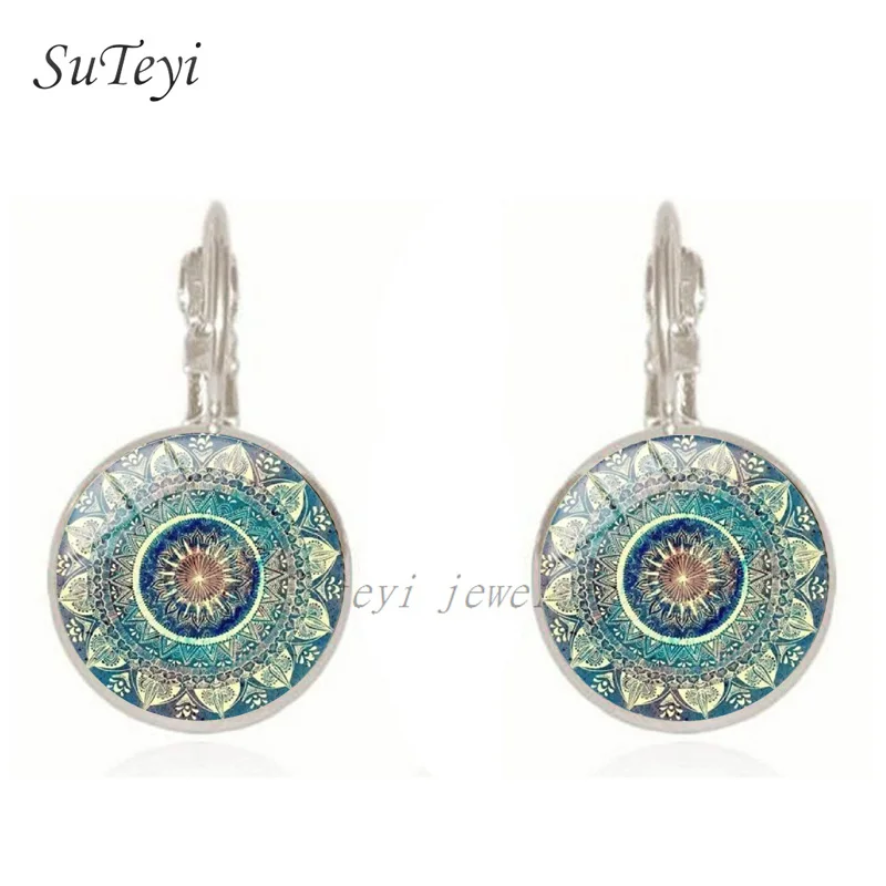 Vintage Green Mandala Earrings Retro Sacred Geometry Lotus Glass Pendant Earrings For Women Men Boho Jewelry