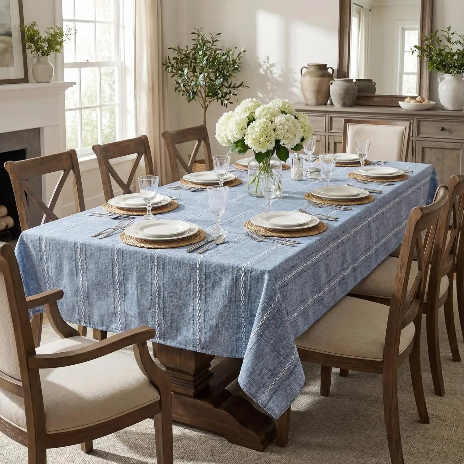 Cotton Line Rustic Farmhouse Embroidered Square Tablecloth Jacquard Dust-Proof Table Cover for Kitchen Dinning Tabletop Decor