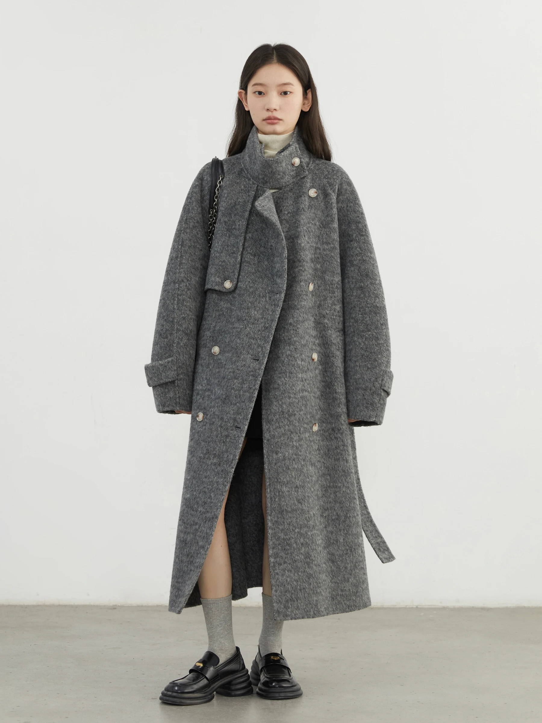 

CHICVEN Winter New Long Woolen Double-Faced Tweed Coat with Belt Stand Collar Women's Faionable Outerwear Ele Sle