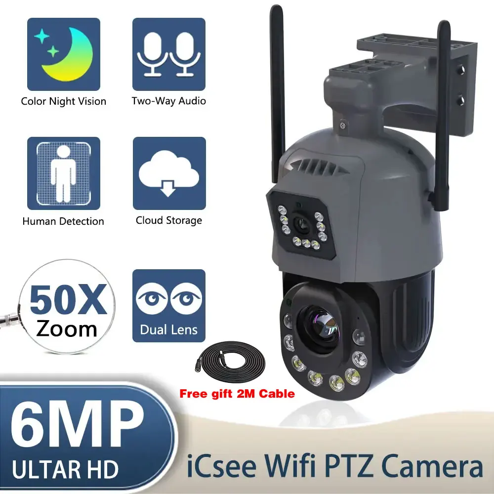 50X Zoom XMEYE Outdoor Wifi PTZ Security Camera with 6MP Dual Lens and Wireless Human Detection Video Surveillance P2P ICSee