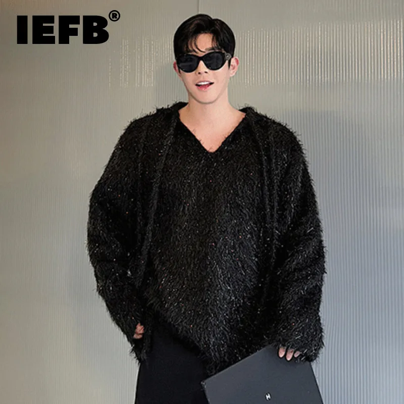 IEFB Autumn Fashion Men's Hoodies Drawstring Hooded Sequins Solid Color Korean Style Male Pullover Sweatshirt Simple 2024 9C7726