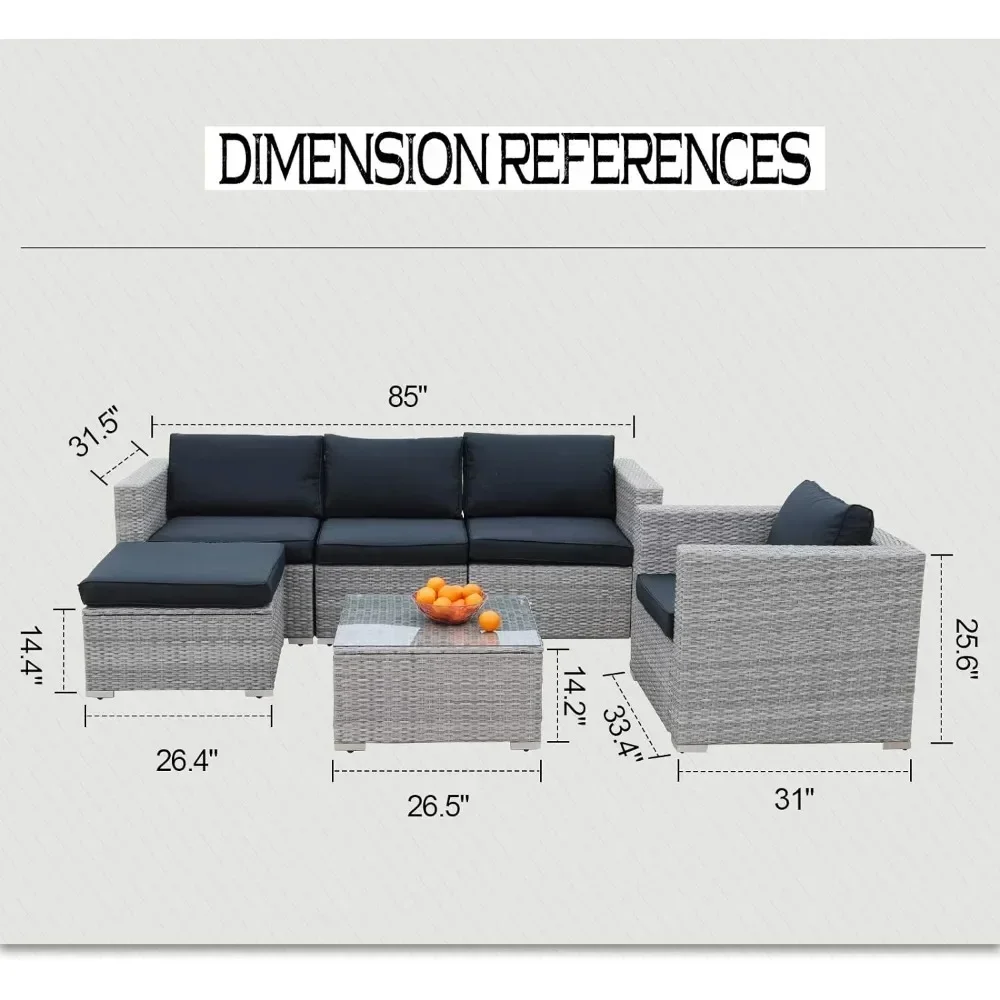 6pcs Patio Furniture Set PE Gray Rattan Wicker Sectional Outdoor Sofa Set Outside Couch w/Black Washable Seat Cushions