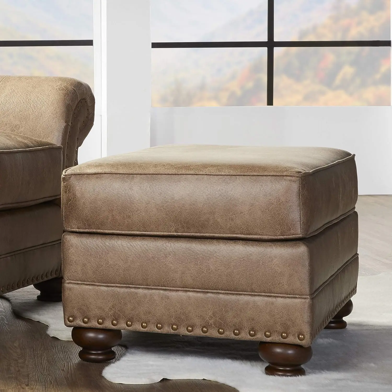 

Roundhill Furniture Leinster Faux Leather Ottoman with Antique Bronze Nailheads in Jetson Ginger