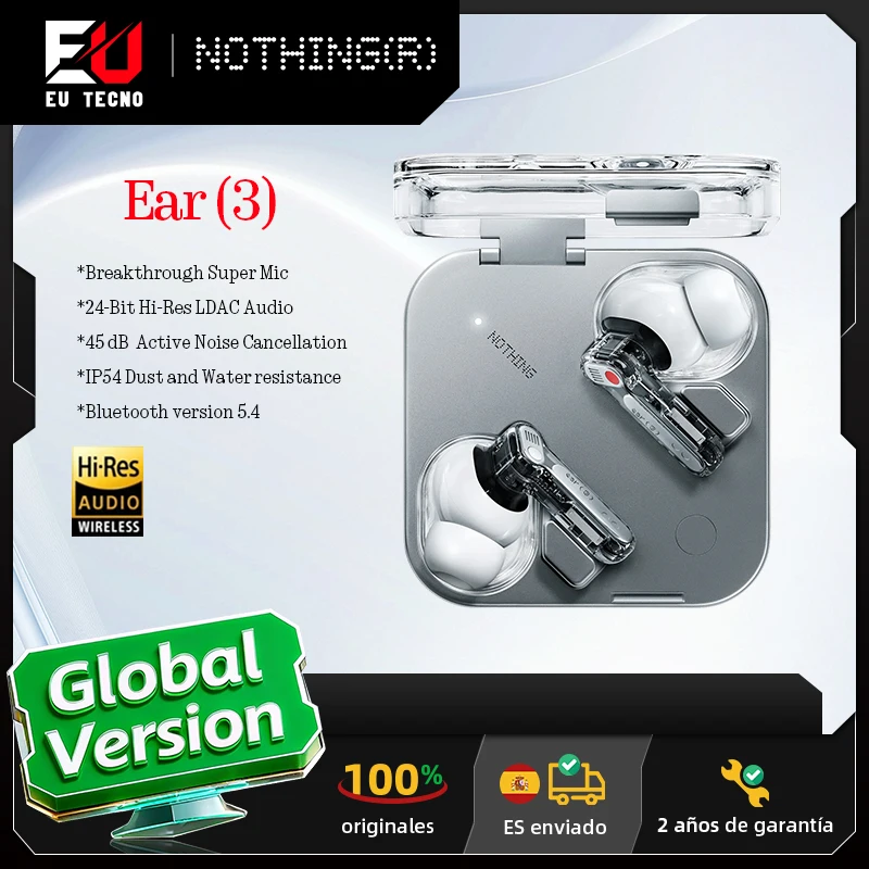 Écouteurs sans fil Nothing Ear (3) avec super microphone, réduction de bruit active hybride 45 dB, casque Bluetooth haute résolution, 6 micros, dynamique 12 mm