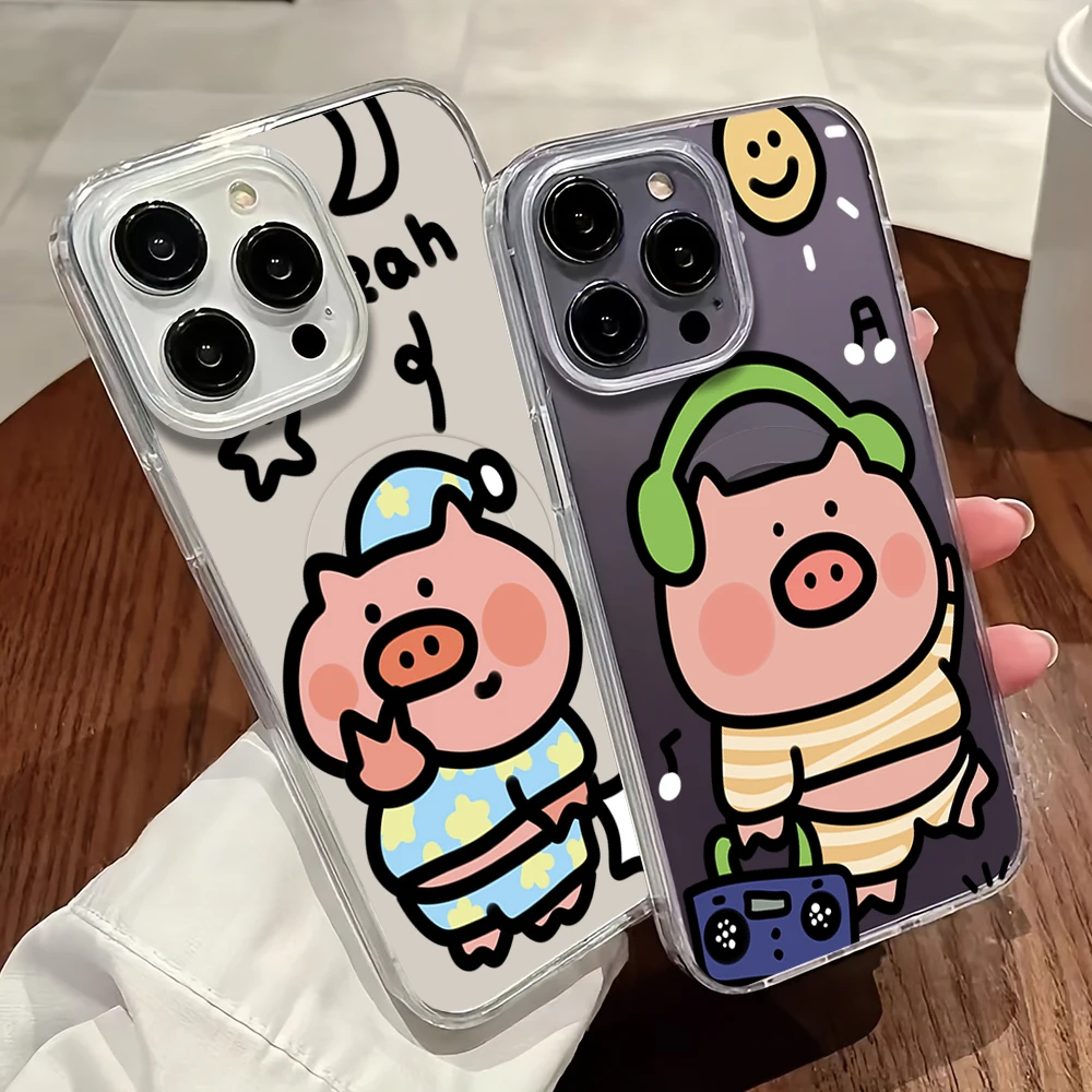 

Cartoon music pig Phone Case For iPhone 11 12 13 14 15 16 Pro Max Plus Magesafe Magnetic Transparent Charge Soft Shell