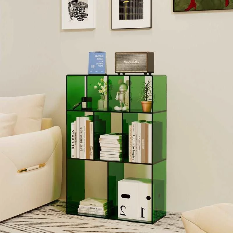 Acrylic sofa, multi-layer floor-to-ceiling bookshelf against the wall