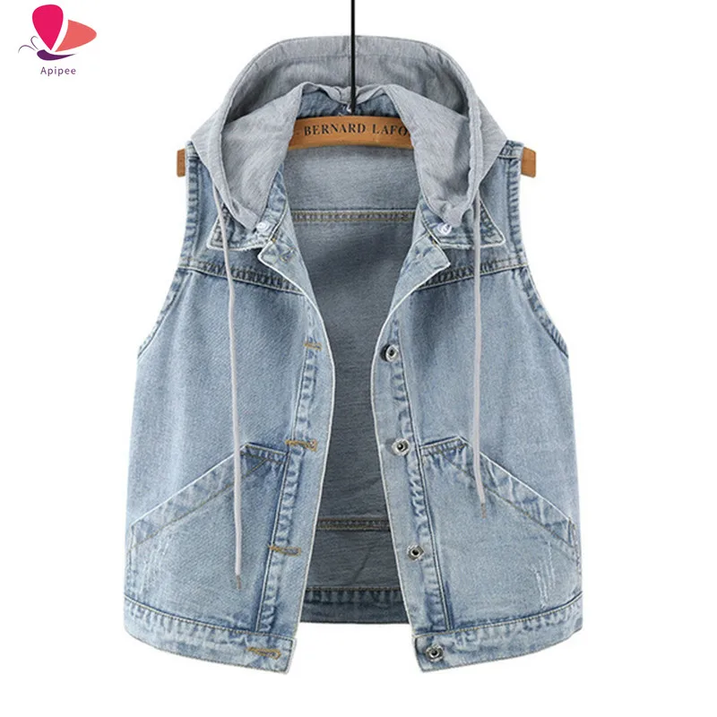 

4XL 5XL Women Denim Vest Hood 2024 Summer Slim Jeans Gilet Femme Streetwear Sleeveless Short Jackets Jean Waistcoat