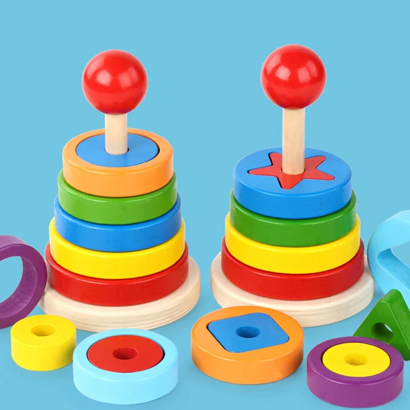 Bloques de arcoíris Montessori para niños, juguete de madera, entrenamiento de Motor fino, forma de Color, juego de apilamiento a juego, juguete educativo para niños pequeños