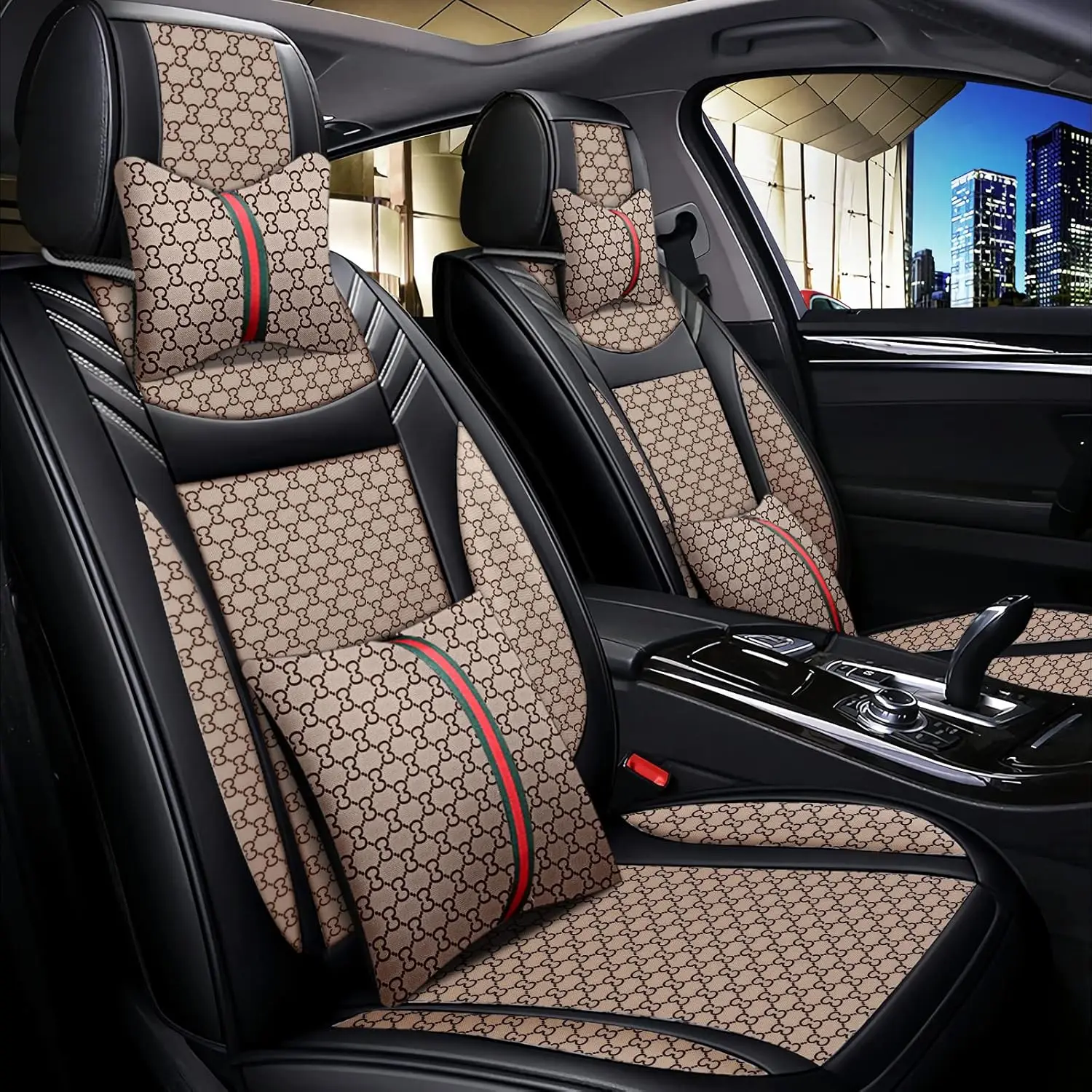 

Car Seating Application, Premium Soft Material, Beige - Breathable with Neck and Lumbar Pillows, Airbag Compatible