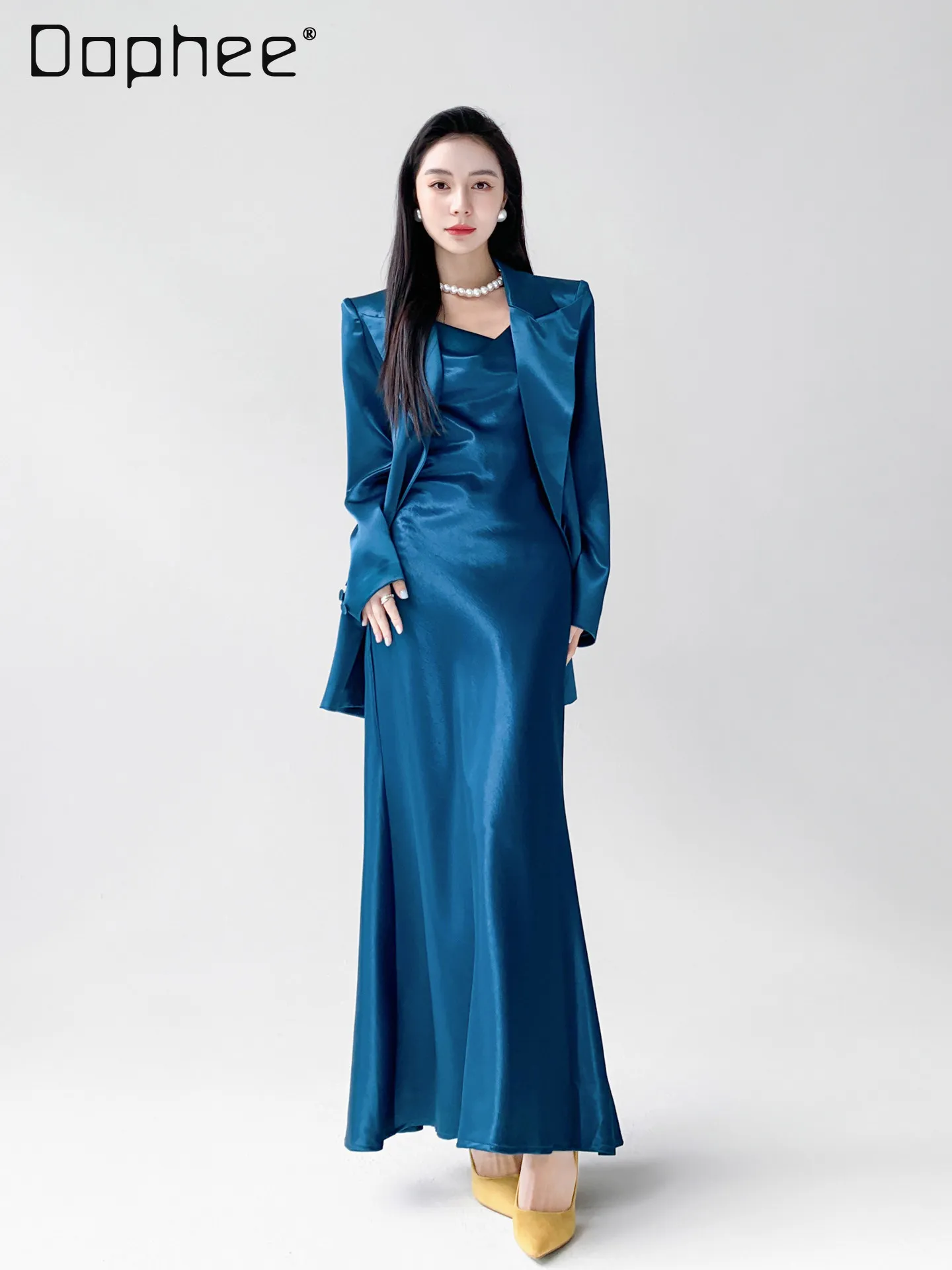 

High Sense Fashion Casual Temperament Light Luxury Loose Satin Blazer Sexy Suspender Slim Mid-length Dress Two-piece Set Women