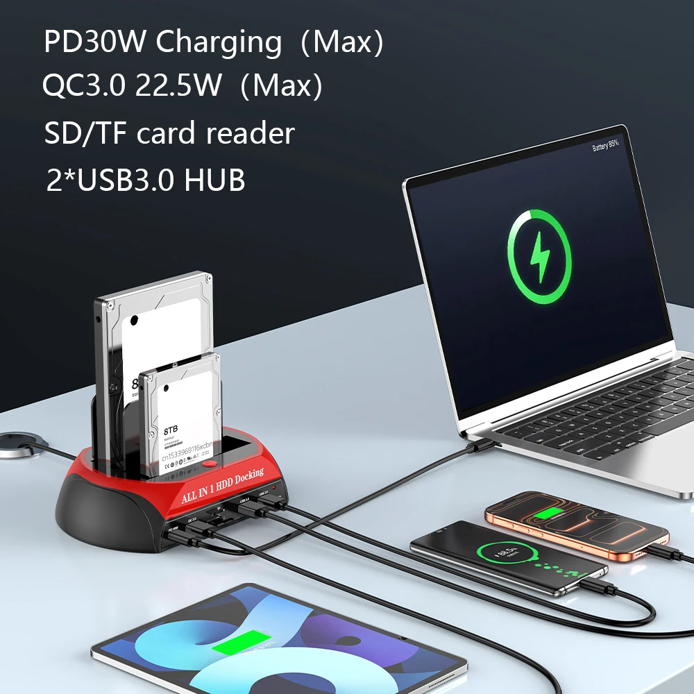 USB2.0 To 2.5/3.5inch SATA IDE HDD SSD Hard Drive SD TF Card Reader with PD QC3.0 Fast Charging Hard Disk Docking Station