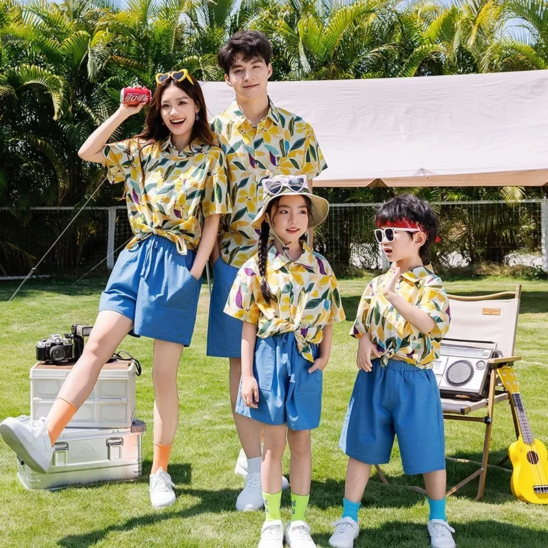 Summer Family Matching Outfit Set Tropical Floral Print Shirt Denim Shorts Casual Camping Vacation Outfits for Mom Dad and Kids