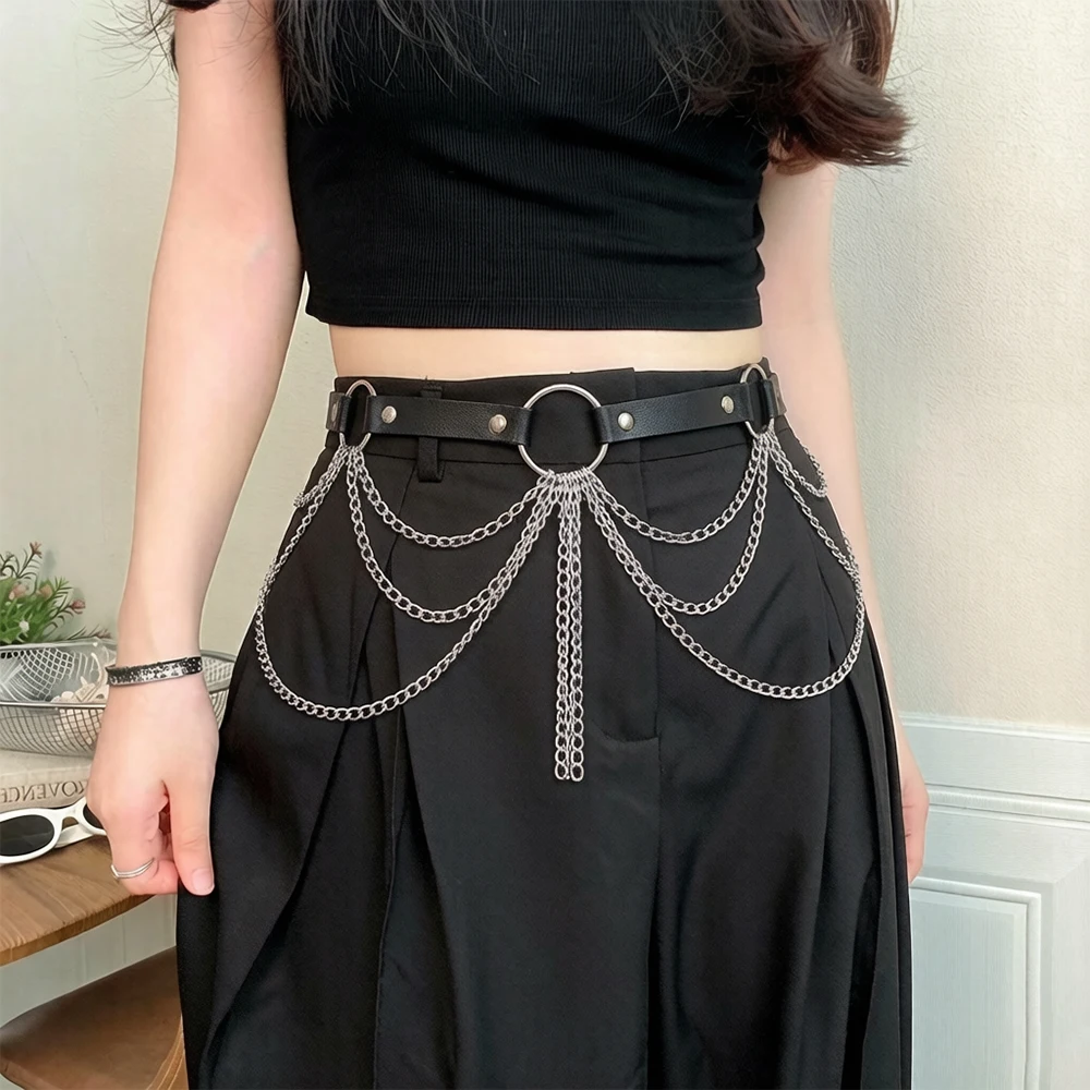 Modischer PU-Ledergürtel im Street-Style, Taillenkette mit Quasten und einem kreisförmigen Ring, Gothic Punk Rock Halloween-Kostüm – Detail 15