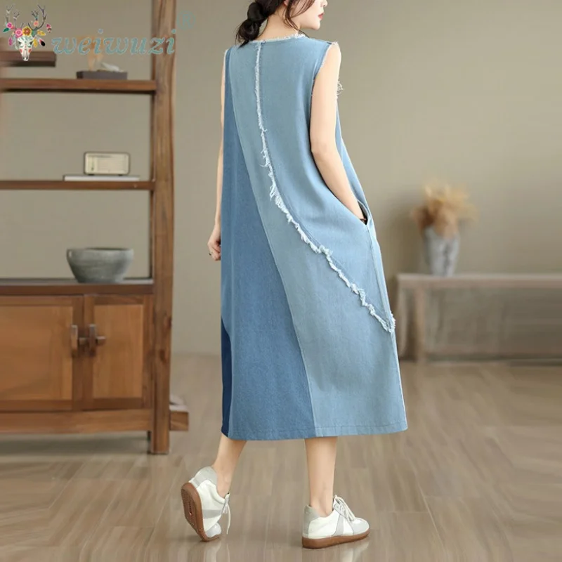 Women Sleeveless Patchwork Denim Midi Dress Frayed Raw Edge Loose A Line Jean Dress Casual Summer Streetwear With Side Pockets