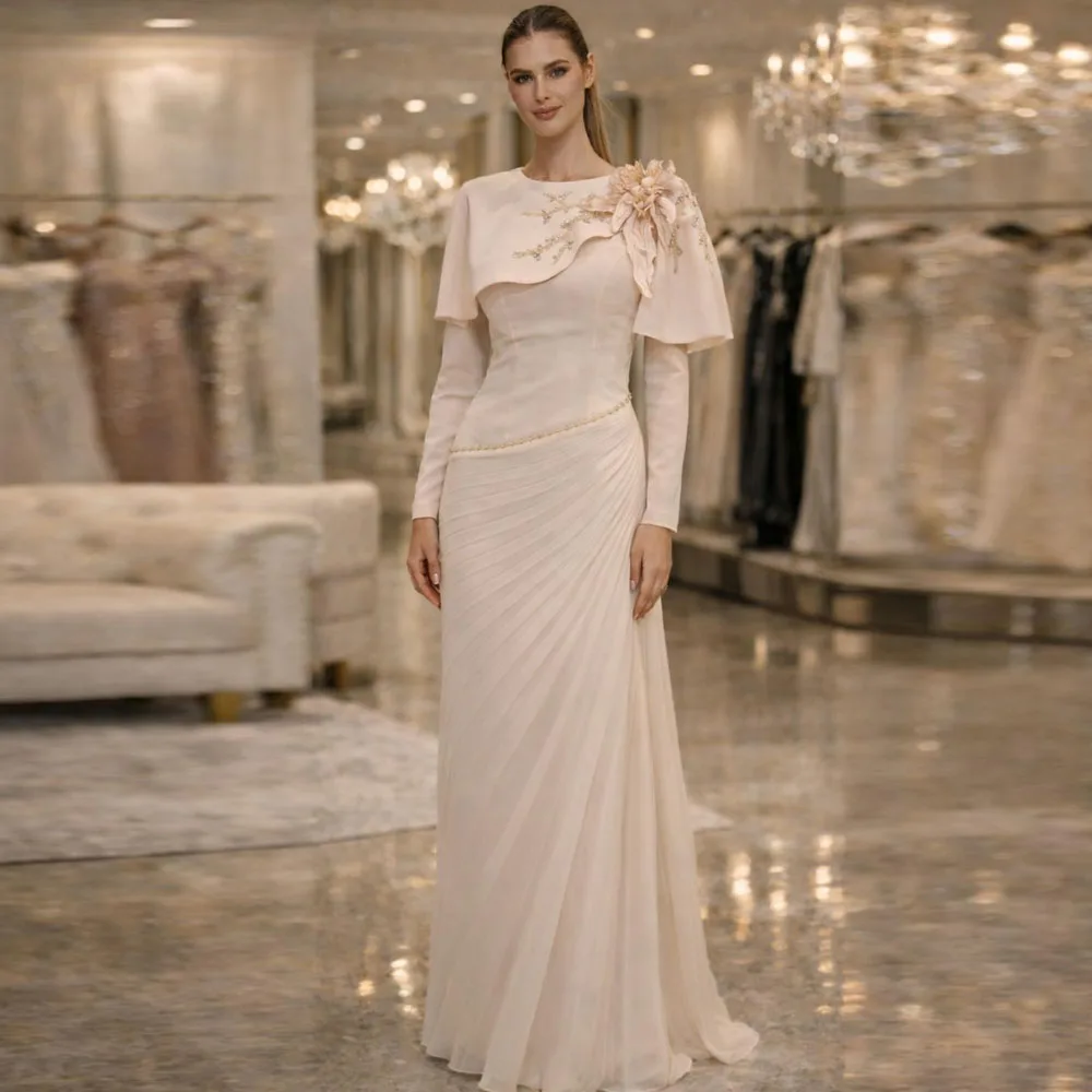 Maßgeschneidertes Elegantes Abendkleid mit Kurzem Cape Langarm Formelles Partykleid Plissiertes Meerjungfrau-Hochzeitsgastkleid