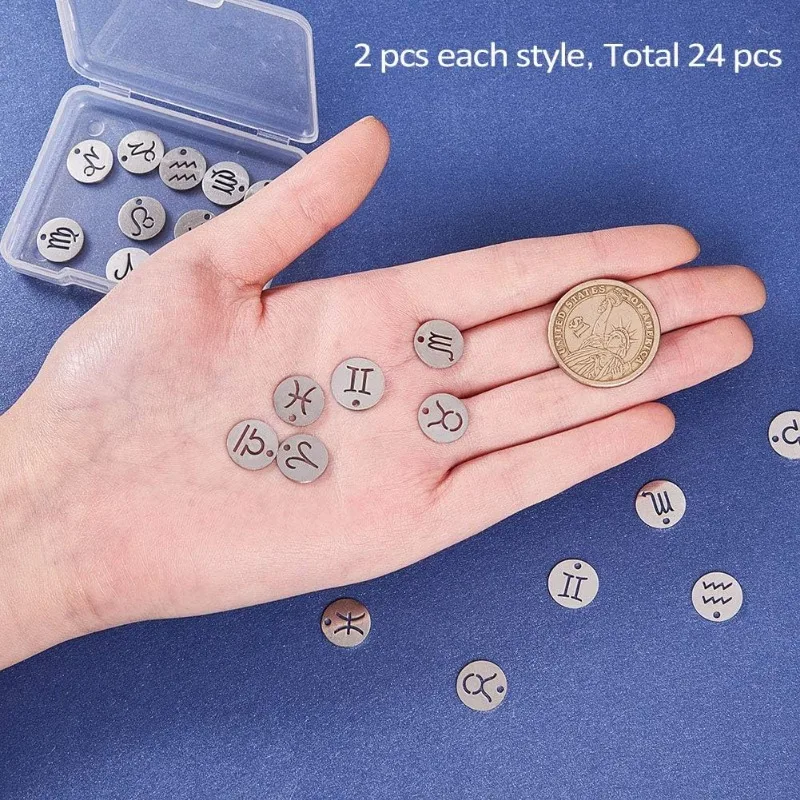 24 قطعة 304 الفولاذ المقاوم للصدأ 12 الأبراج زودياك تسجيل المعلقات سحر علم التنجيم ابراج سحر الخرز DIY بها بنفسك مجوهرات