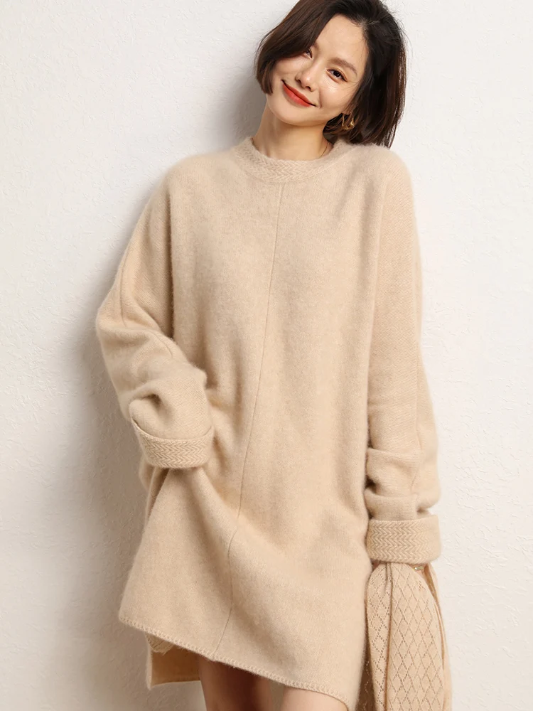 TLOML جديد الخريف الشتاء المرأة 100% الكشمير متماسكة سترة البلوز الفاخرة فستان طويل سترة عادية فضفاض الإناث فستان الكشمير